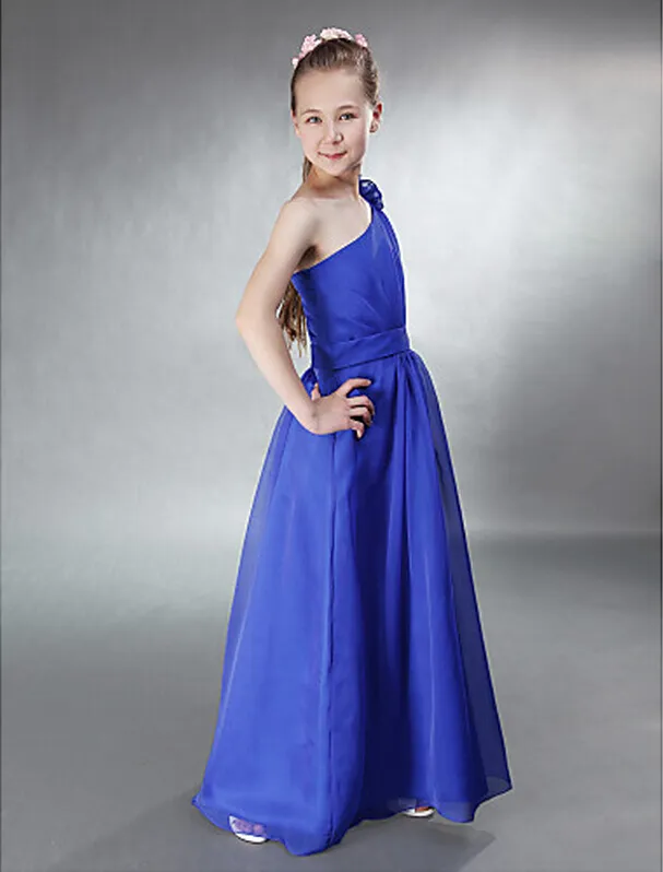 A-lijn één schouder mouwloze vloer lengte chiffon royal blue junior bruidsmeisje jurk