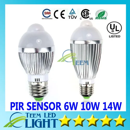 LED 빛 E27 6W 10W 14W 85V-265V 모션 제어 PIR 센서 LED 조명 LED 볼 램프 글로브 전구 실버 방수 스포트 라이트 통