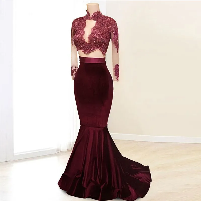 Fashion Velvet Purple Black Prom Dress 2018 Mermaid Long Cheap Designer High Neck Long Sleeves Applique Sequin Beaded Dresses Evening Party