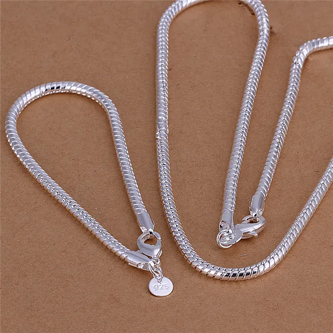 S065 Toppkvalitet 925 Sterling Silver Snake Chain Halsband 4mm (20inches) Armband (8inches) Mode smycken för män Gratis frakt