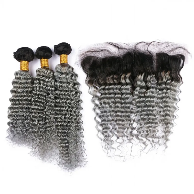 Tissages de cheveux humains brésiliens ondulés gris argenté avec racine foncée frontale 1B/gris ombré 3 avec fermeture frontale en dentelle complète 13 x 4