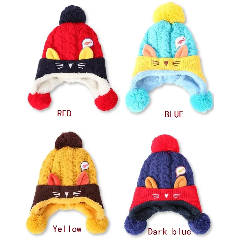 Tjockna baby vinter varm hatt söt katt keps barn tecknad öronmuffar hattar unisex borstade beanie mode skidkepsar