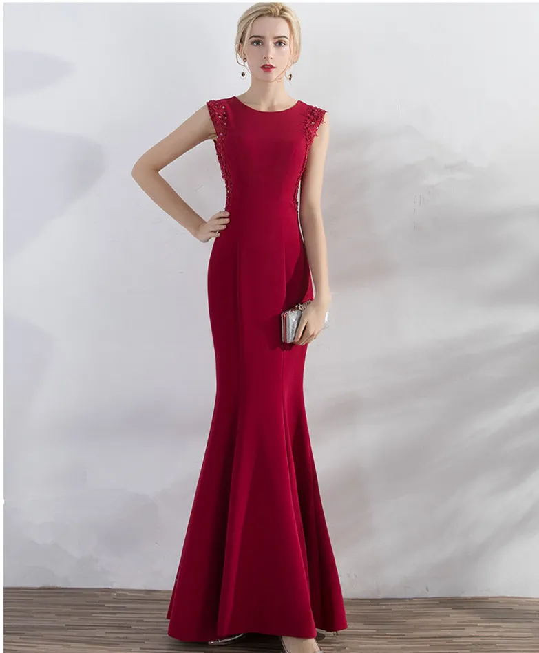 Jewel Neck Satin Mermaid Evening Dresses With Appliques 2019 Burgundy Evening Gowns Long Formal Dresses Floor Length