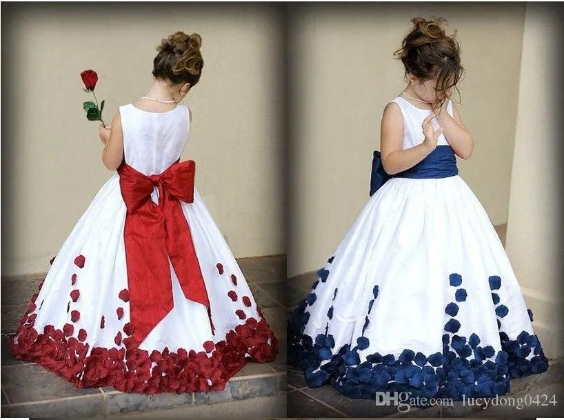 Kırmızı ve Beyaz Yay Düğümü ile Çiçek Kız Elbiseleri Gül Tafta Balo Balo Koyu Mücevher Boyun Küçük Kız Partisi Pageant Gowns Sonbahar New255L