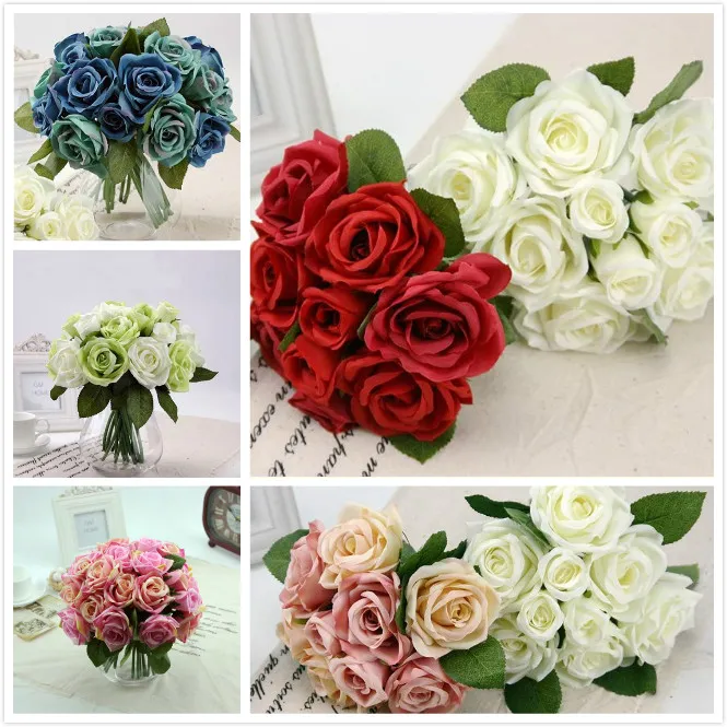 New A Bouquet of Roses Artificial Rose Silk Flowers Bridal Bouquets for Wedding Fake Flower Floral Home Furnishing Decoration 9 Heads