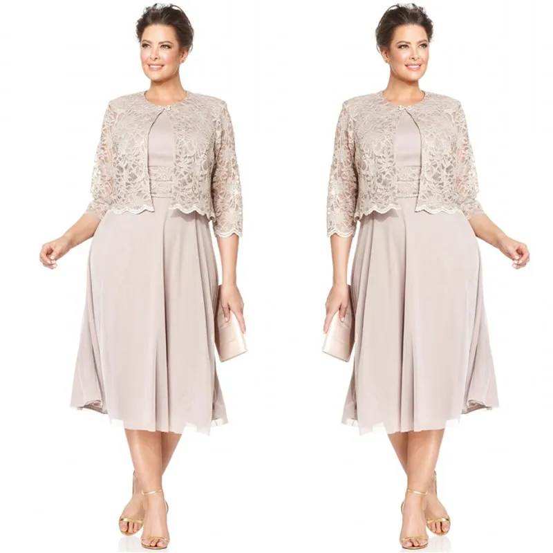 Plus Size Sukienki Matka Bride Krótkie Formalne Suknie Herbaty Długość Szyfonowa Party Wedding Dress Z 3/4 Długie Rękawy Kurtka Koronkowa Wykonana