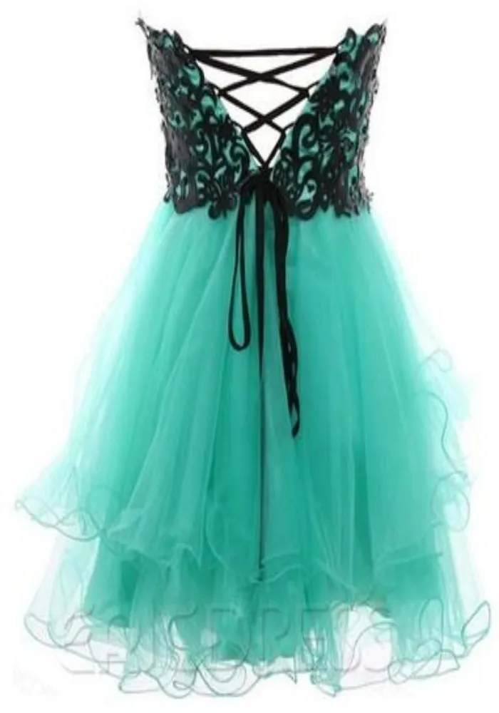 Image réelle Une ligne Linet Longueur turquoise Organza Black Lace Sweet School Homecoming Robes Lace Up Le plus populaire Graduati5106514 le plus populaire