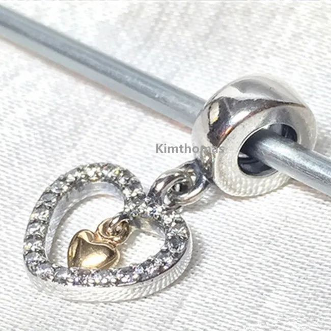 925 Sterling Silver 14K Real Gold Forever W My Heart Dangle Charm Koralik Pasuje Europejskiej Pandora Biżuteria Bransoletki Naszyjniki Wisiorki