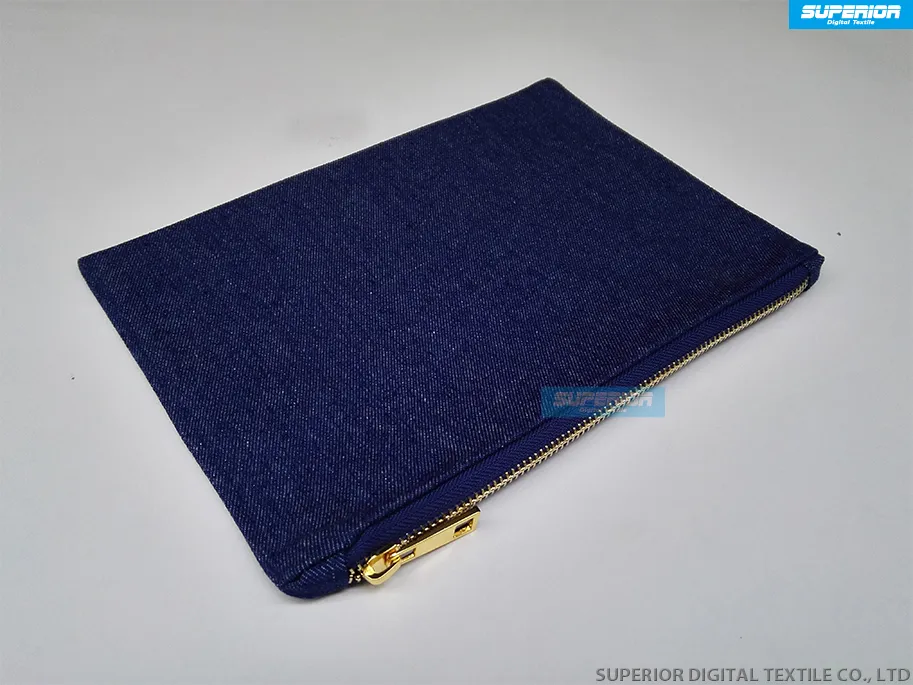 7x10 inch 10oz Indigo Blue Twill Denim Makeup Bag With Metallic Gold Zip Blank Blue Pure Cotton Denim Cosmetic Bag With Match Blue280D