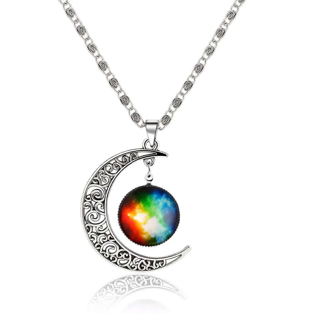 Mode Galaxie Planet Anhänger Halsketten Mond Cabochons Glaswelt Sternenraum Mondstein Charms Halskette Für Damen Halsband Schmuck