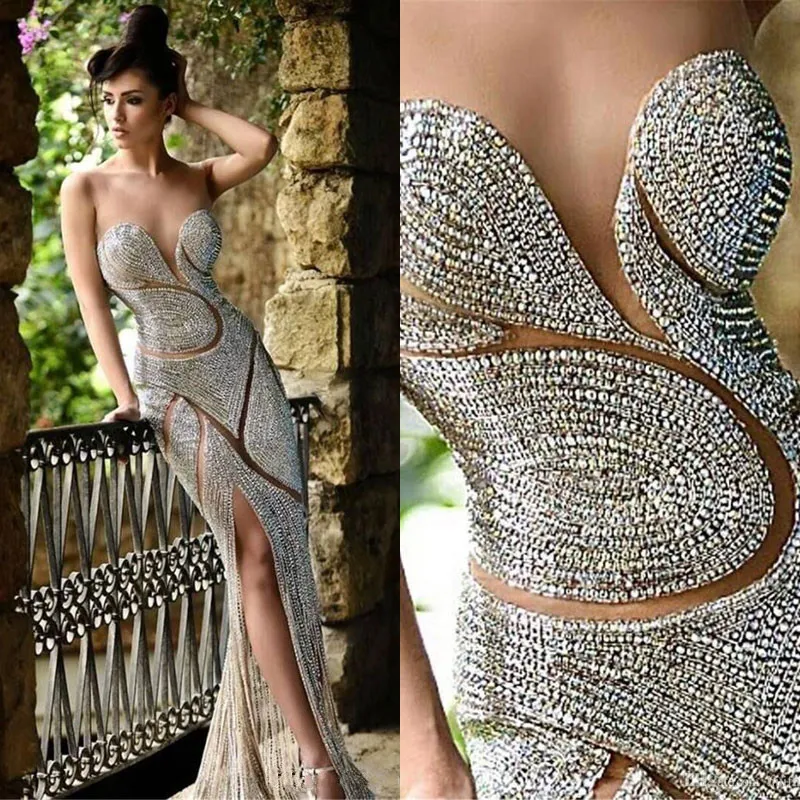 Evening Rami Salamoun Dresses Jewellery Rhinestone Backless Mermaid Prom Gowns Sheer Neck Sleeveless Real Photos Pageant Dress
