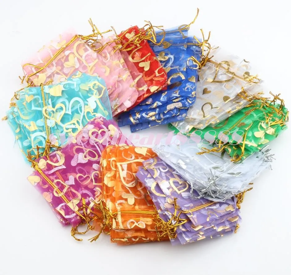 7X9cm Open Gold Silver Heart Small Organza Jewelry Pouches Bags GB040 