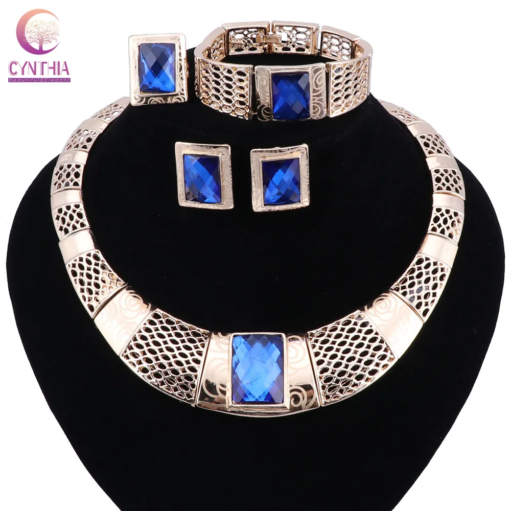 Wholesale Dubai Gold-color Gem Crystal Jewelry Sets Costume Design Nigerian Wedding African Beads Jewelry Sets For Women