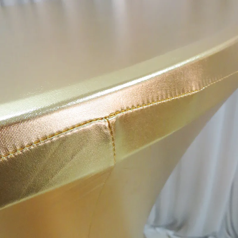 10 pièces livraison gratuite 80 cm Dia * 110 cm de haut doré métallique bronzant élastique Spandex Strech Cocktail Table couverture tissu