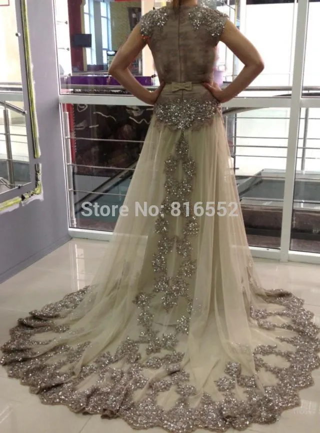 2015 New Best Selling Sexy Long Arabic Evening Dresses Cap Sleeve High Neck Beaded A Line Tulle Celebrity Prom Gowns