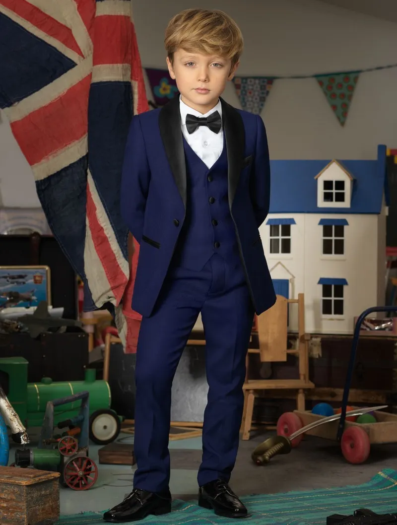 Handsome Three Pieces Of Boys Suits With Jacket+Waistcoat+Pants Polyester High Quality Gentleman Navy Blue Style Kids Tuxedos Suits