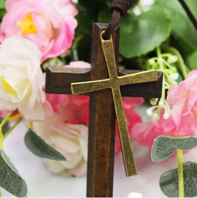 New Double wood cross pendants necklaces vintage long style sweater chain alloy leather cord men women jewelry fashion 238a