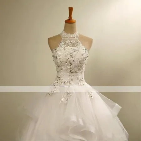 2016 Nuovo modo caldo di trasporto libero elegante abito di sfera avorio pavimento-lunghezza collo alto in pizzo che borda tulle appliques abiti da sposa 303