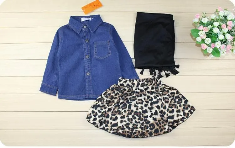 2015 Vår New Girl Sets Denim Långärmade T-shirts Leopard Skirt Black Scalf Barnuppsättningar