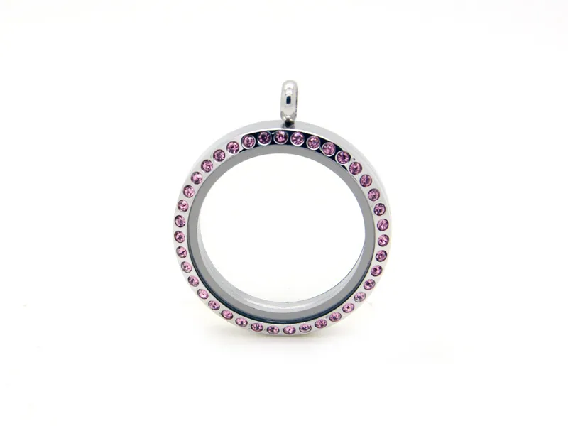 Yüksek Cilalı 316L Paslanmaz Çelik Gümüş Yuvarlak 30mm Cam Yaşam Lockets ile Pembe Kristal