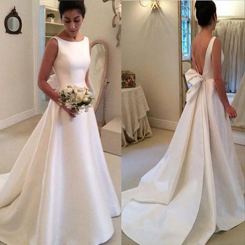 White Satin Scoop Sleeveless Backless Wedding Dress With Bow White Satin Scoop Sleeveless Backless Wedding Dress With Bow