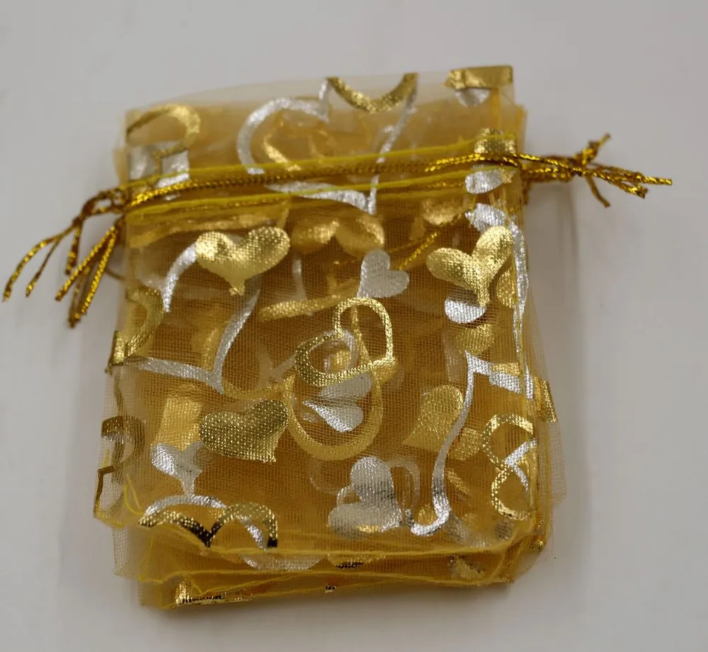 Heet ! Sieraden Verpakking 100 stks Goud Hart Organza Pouch Bruiloft Gunst Gift Bags 7x9cm / 9x12cm / 13x18cm