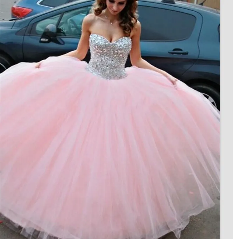 2015 Pink Quinceanera Dresses Ball Gowns Sweetheart with Tulle Beaded Sweet 16 Debutante Gowns 15 Years Party Dress QS22