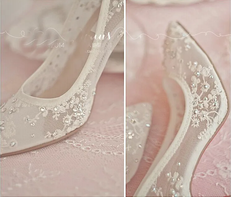 Beautiful High Heel Wedding Shoes Lace Rhinestone Spring Bridal Dress Shoes Sexy Hollow Transparent Pointed Toe Prom Formal Dress Shoes