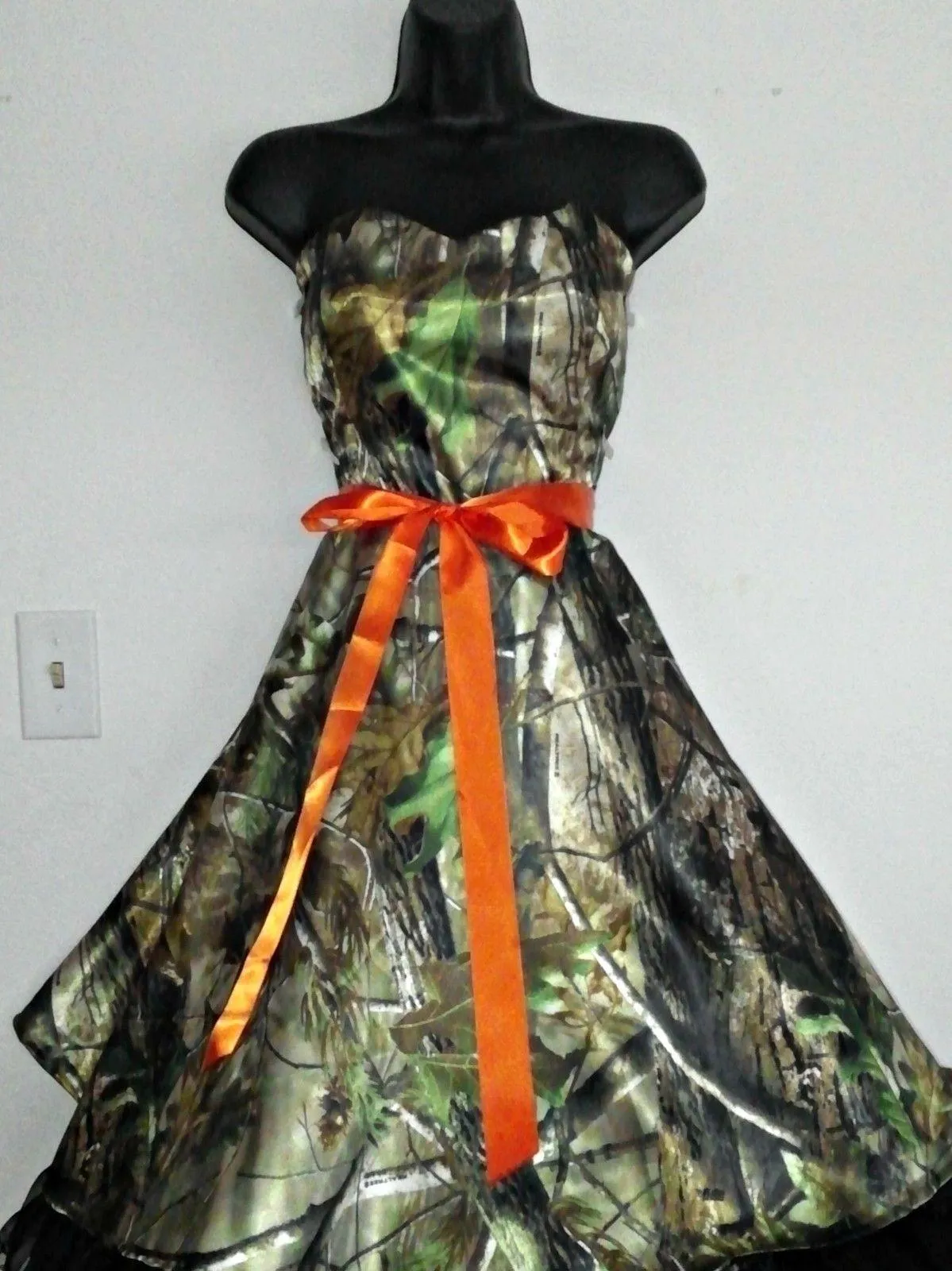 Camo Dresses Sweetheart Bridesmaid Dresses 2015 with Orange Sash Knee Length Formal Prom Dresses A Line Camouflage Homecoming Party Gowns