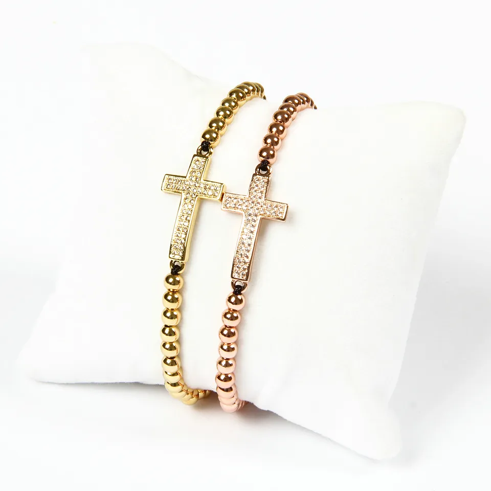 New Design Jewelry Wholesale 10pcs/lot New Arrival 4mm Brass Beads Micro Paved Clear Double Cz Cross Jesus Braided Bracelet For Gift