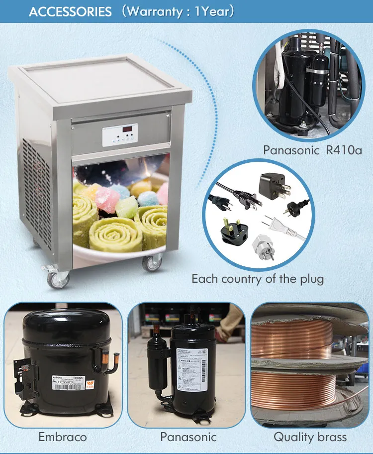 Free shipment kitchen equipment ETL CE Thai single square 52x52cm pan INSTANT ROLL ICE CREAM MACHINE WITH FULL REFRIGERANT