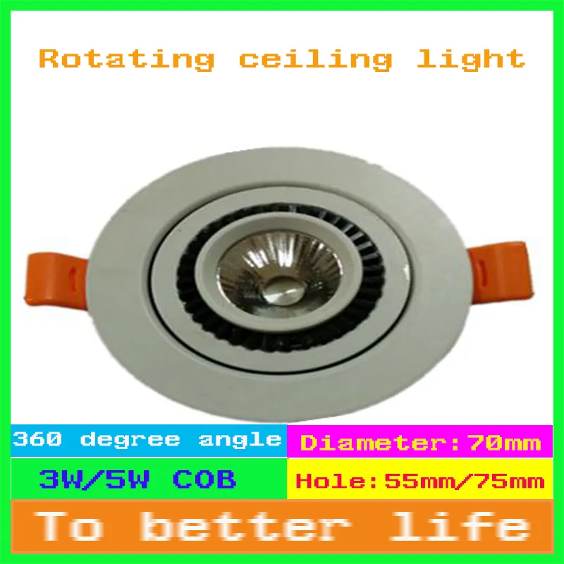 COB 3W 5w Dimmable led Spot encastré 360 degrés Rotatif led downlight ac85-265V led plafonnier pour la décoration intérieure