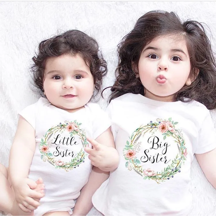 Summer Baby Girl Little Big Sister Matching Clothes Short Sleeve Floral Jumpsuit Romper Outfits T Shirt 100 Cotton