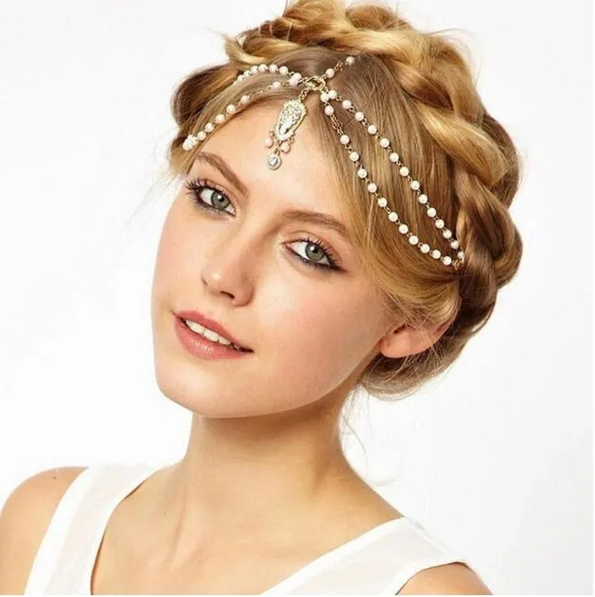 Accessori capelli da sposa da sposa di moda donna Catena di testa di perle con perline in metallo Gioielli capelli indiani Ornamenti corona da sposa da donna HT15