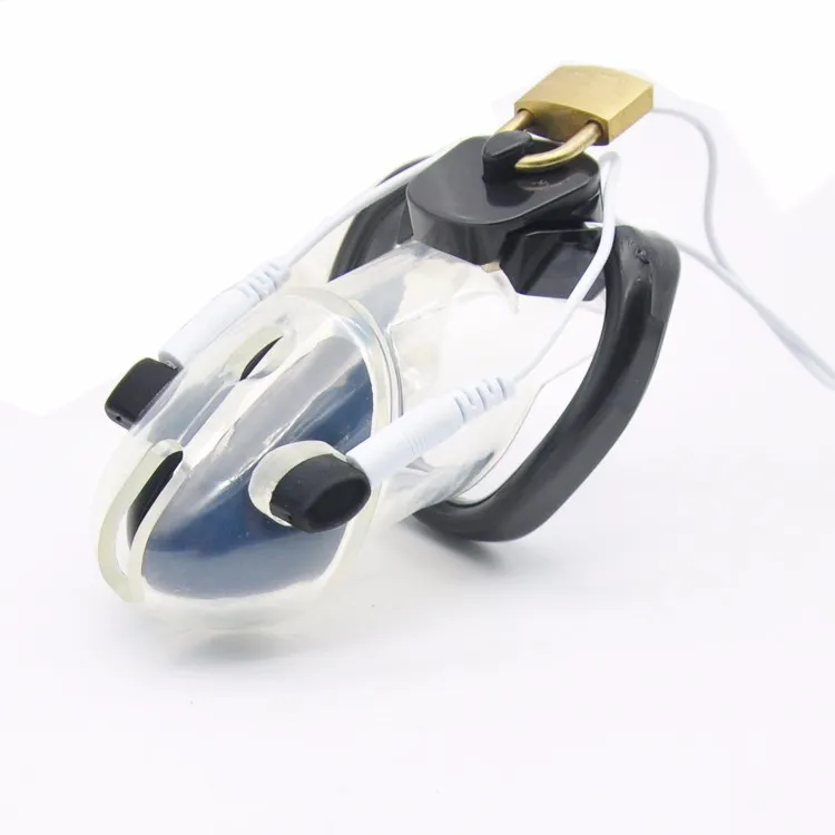 Male Chastity Device Top quality PU Electric Shock Chastity Cage Electric Shock Stimulate Cock Cage Penis Ring Lock Sex Toy