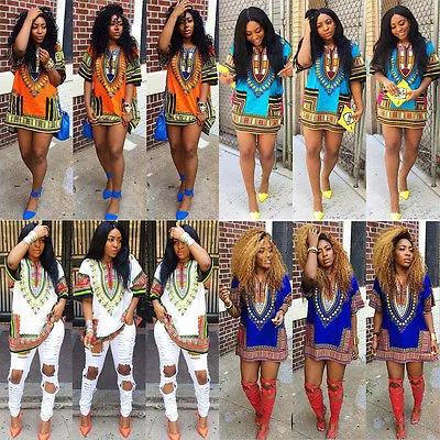 Wholesale Fashion Women Traditional African Print Dashiki Dress Short Sleeve Party Dress