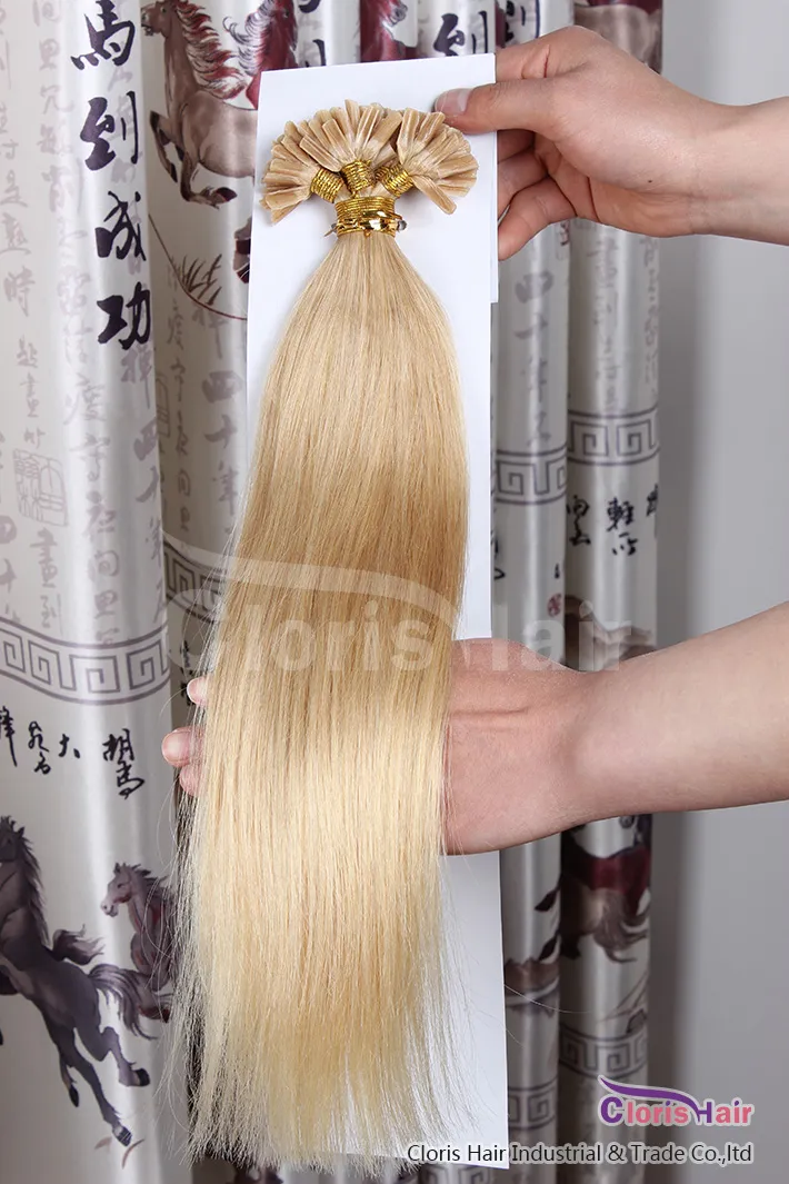 100 Strands Straight Pre Bonded Keratin Fusion U Tip Hair Extensions Nail Tip Indian Remy Human Hair #24 Natual Blonde 0.5g/s
