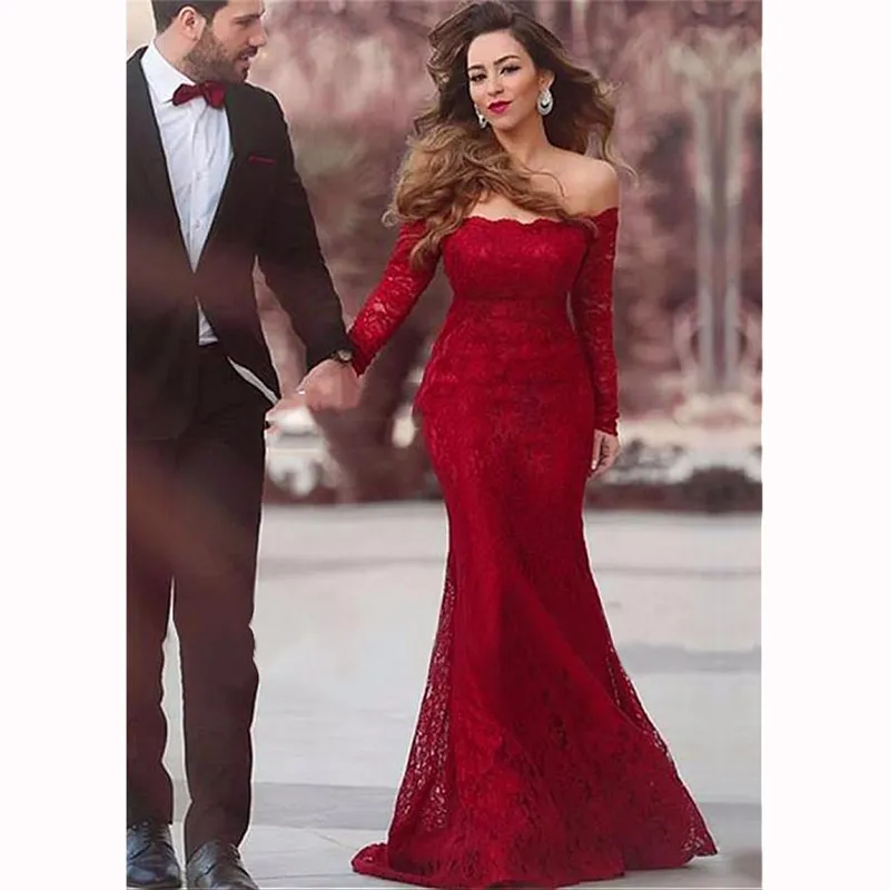 Elegante Spitze Meerjungfrau Langes Abendkleid Sexy Bateau-Ausschnitt Einfache Weinrot Prom Party Kleider Robe De Soiree Longue Abendkleider