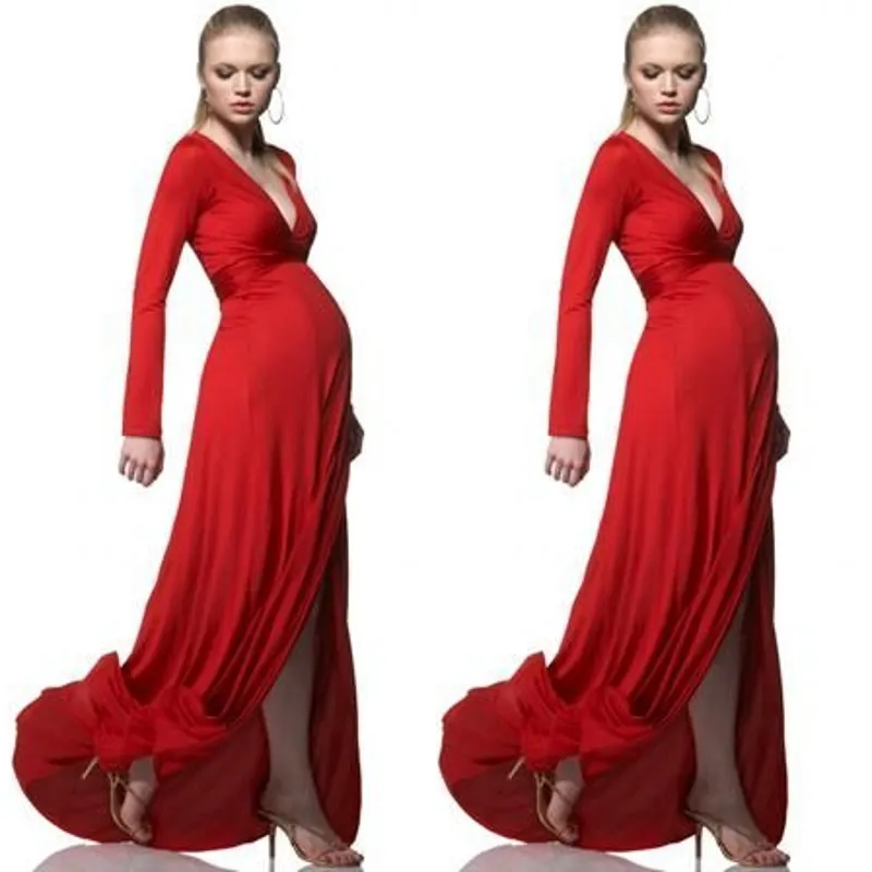 Eleganti abiti da sera di maternità rossa Abiti Impero Deep V Neck Gowns con maniche lunghe Cuci da ballo formali in gravidanza diviso