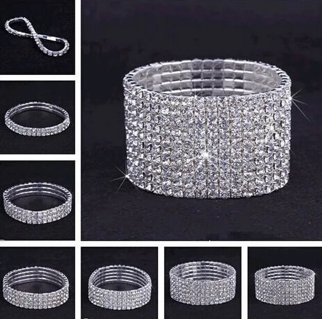 1/2/3/4/5/6/7/8/9 rangées cristal strass Bracelet extensible Bracelet Bling Bracelet femmes mariage mariée Bracelet bijoux