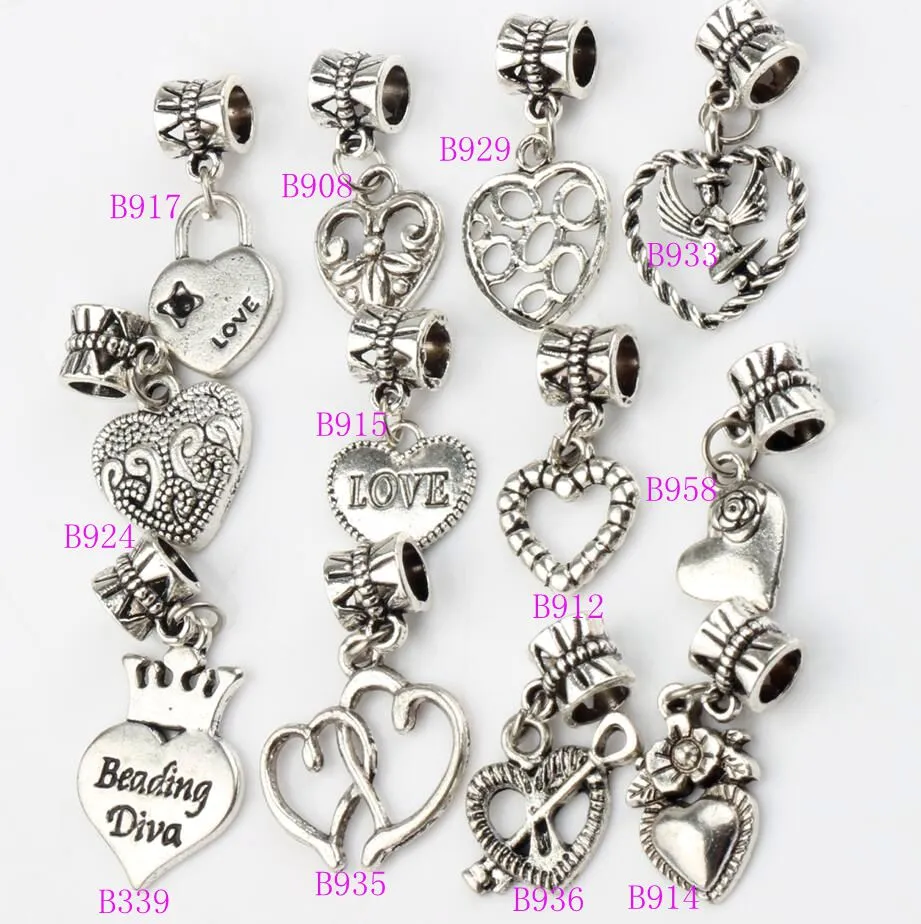 Angel LOVE Heart Flower Charm Big Hole Beads Tibetan Silver Fit Dangle Bracelets Jewelry DIY B339-B958