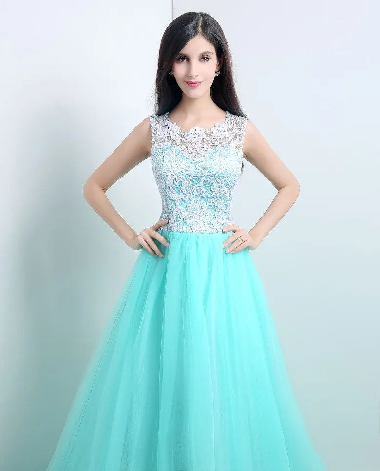 2015 Ny lager Elegant A-Line Mint Green Lace Aftonklänningar med Appliques Golvlängd Billiga Prom Party Gowns Vestidos de Festa