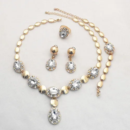 18K guld fylld Dubai afrikansk vit cz diamant österrikisk kristall halsband armband örhängen ring bröllop / brud smycken set 732