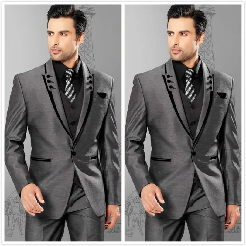 Haute qualité un bouton gris marié Tuxedos pic revers hommes robes de mariée costumes de bal (veste + pantalon + gilet + cravate) H431