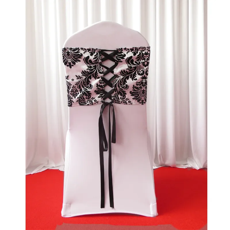28cm * 80cm vit svart flockning taffeta stol täcke sash med slips rygg / elegans damastast korsettstol