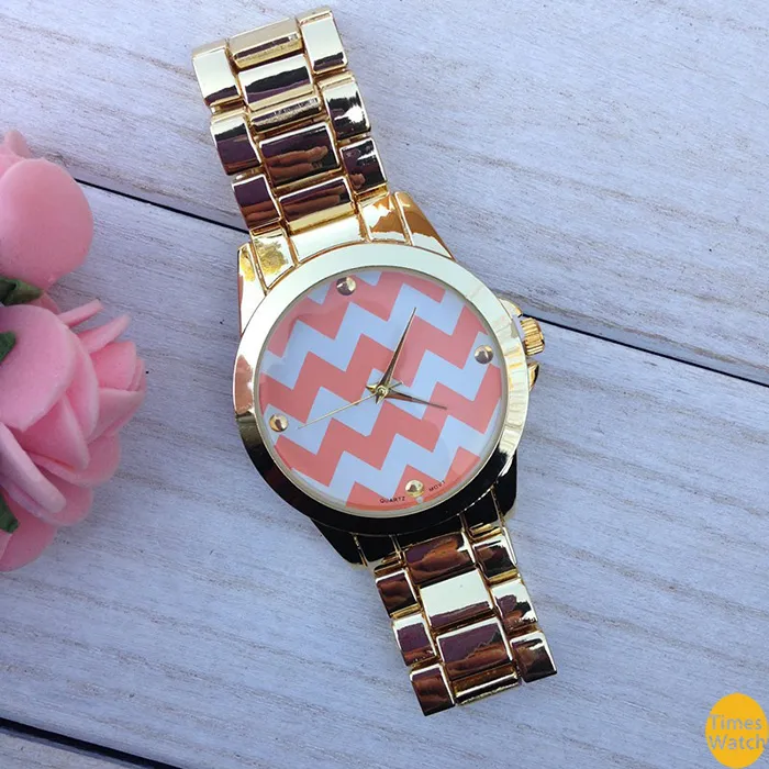 Chevron Gold Bransoletka zegarek idealny trend w pięknym kolorowym szewronowym zegarku