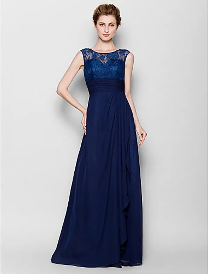 Dark Navy Mother of the Bride Dress Floor-length Sleeveless Chiffon and Lace Scoop Neck Mother's Dresses