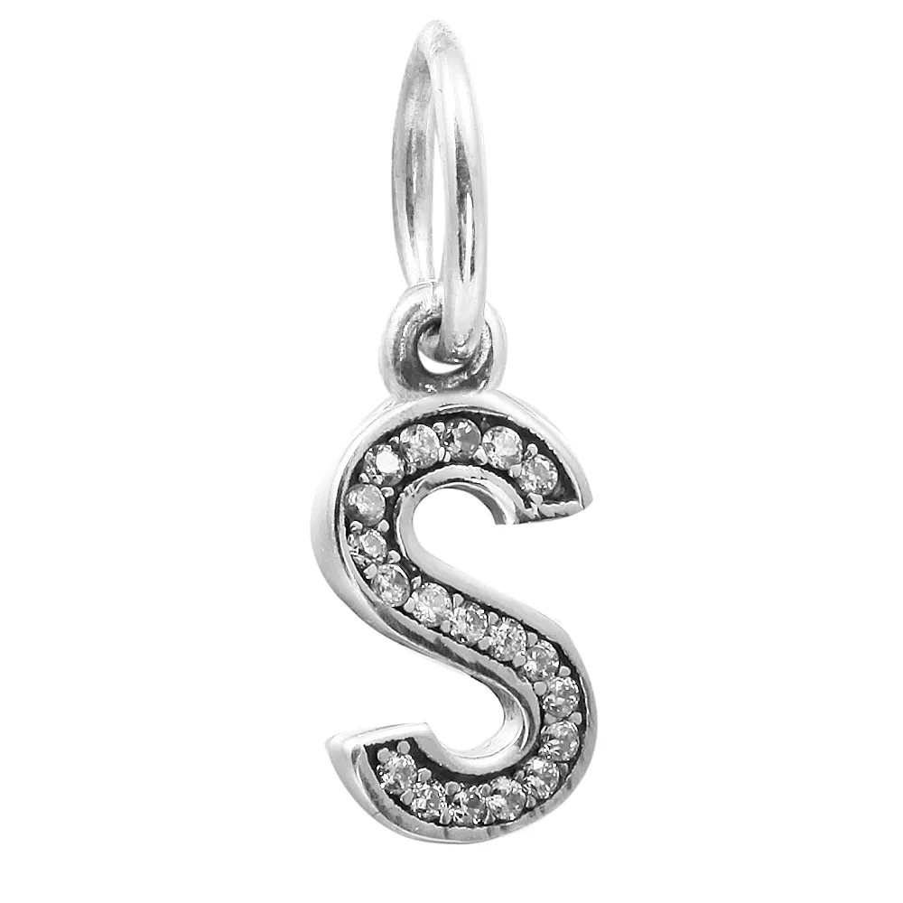 Brev S dangle med Clear CZ 019 100% 925 Sterling Silver Pärlor Passa Pandora Charms Armband Autentiska DIY Fashion Smycken