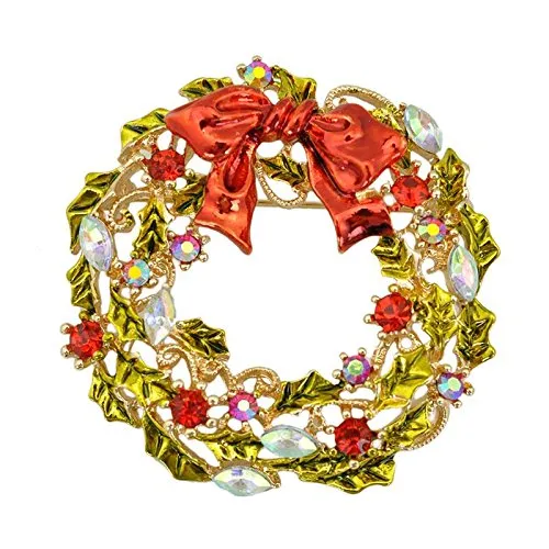 2 Inch Gold Plated Multicolored Enamel Leaf Flower Wreath Brooch with Red Bow Christmas Gift for friends