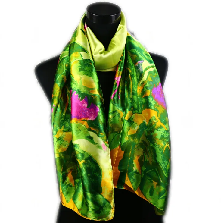 1pcs Women's Fashion Satin Green Leaves Scarves And Hot Pink Flower Oil Painting Long Wrap Shawl Beach Silk Scarf 160X50cm